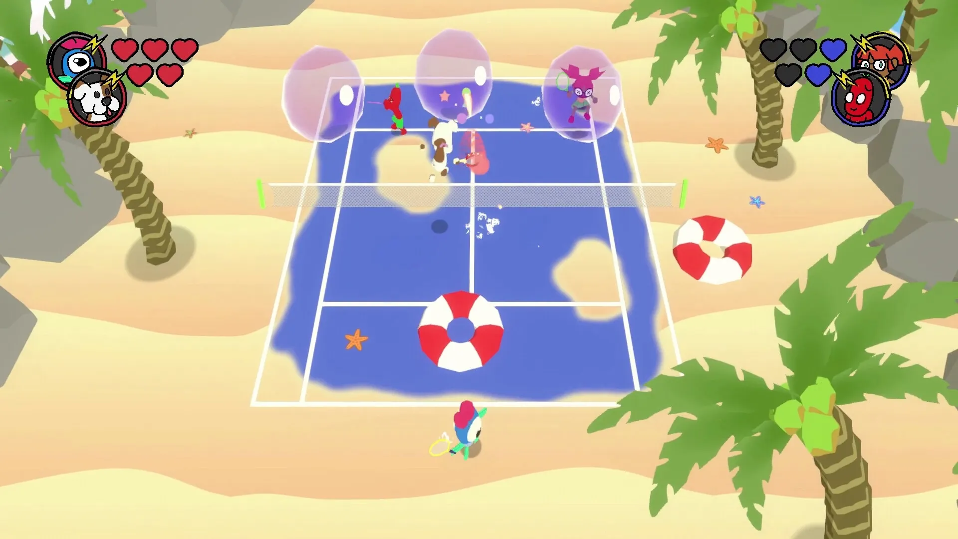 Quacolé Tennis: Cartoon characters in a beach-themed tennis match with life rings and palm trees