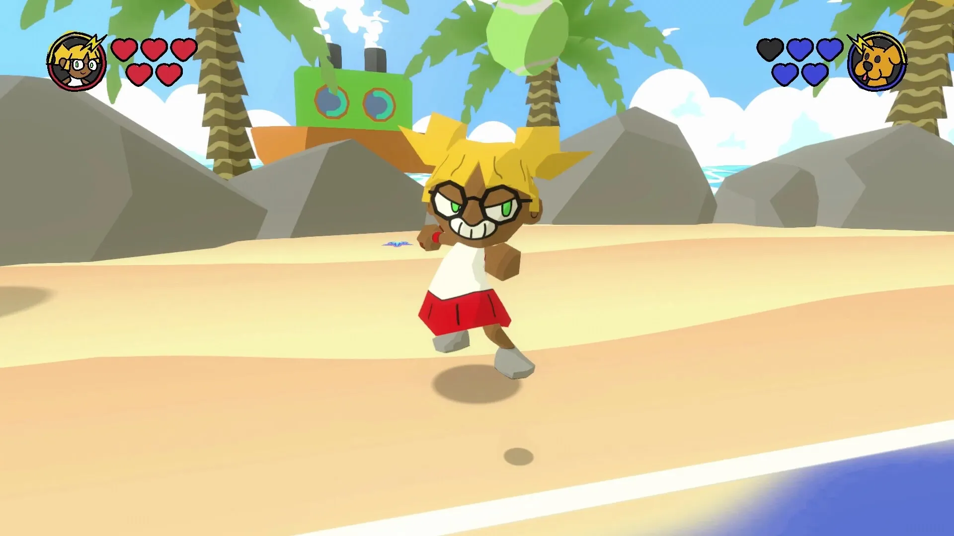 Quacolé Tennis: Character with racket on sunny beach court, palm trees and health icons visible