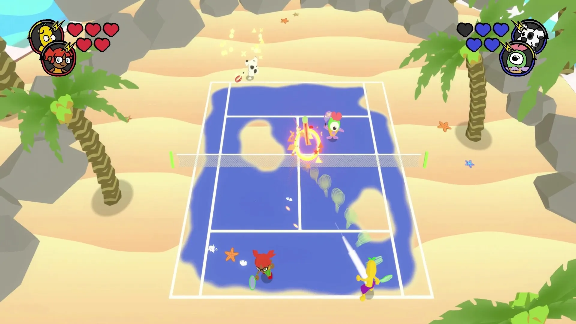 Quacolé Tennis: Intense doubles match on a sandy beach court with vibrant characters and health icons.