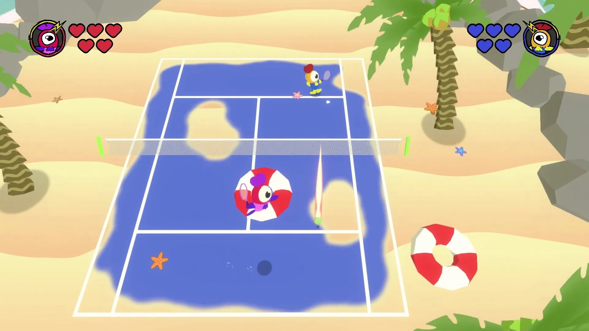 Quacolé Tennis: Characters in beach tennis match with colorful rackets and life preserver obstacles