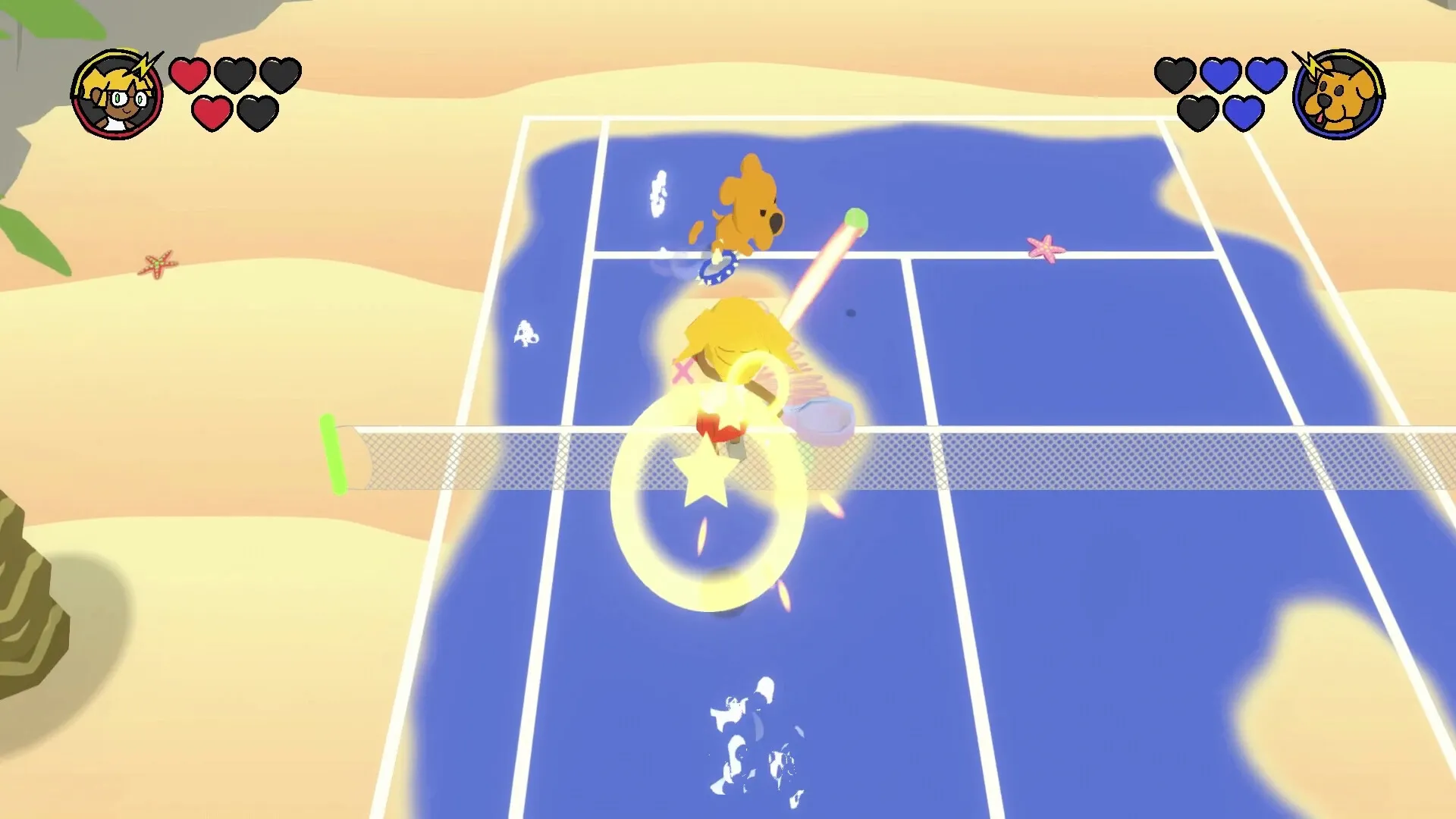 Quacolé Tennis: Energetic match with player and dog character on vibrant beachside tennis court