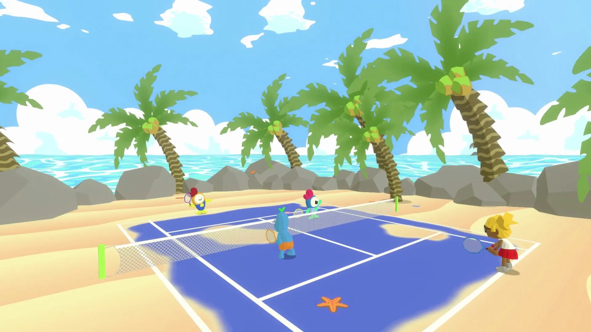 Quacolé Tennis: Colorful characters play tennis on a beach court with palm trees and ocean backdrop
