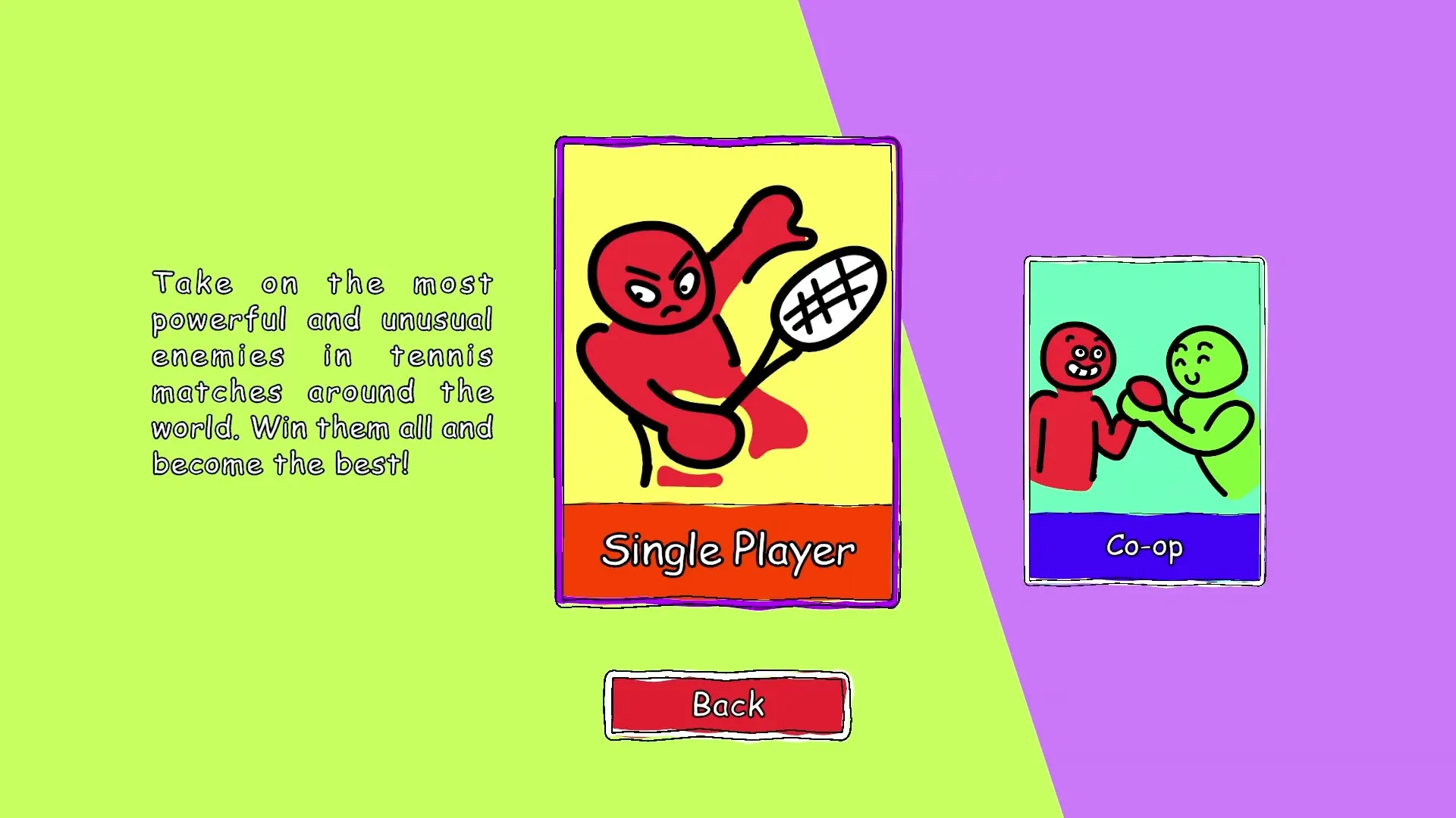 Quacolé Tennis: Main menu with options for Single Player and Co-op against a colorful background