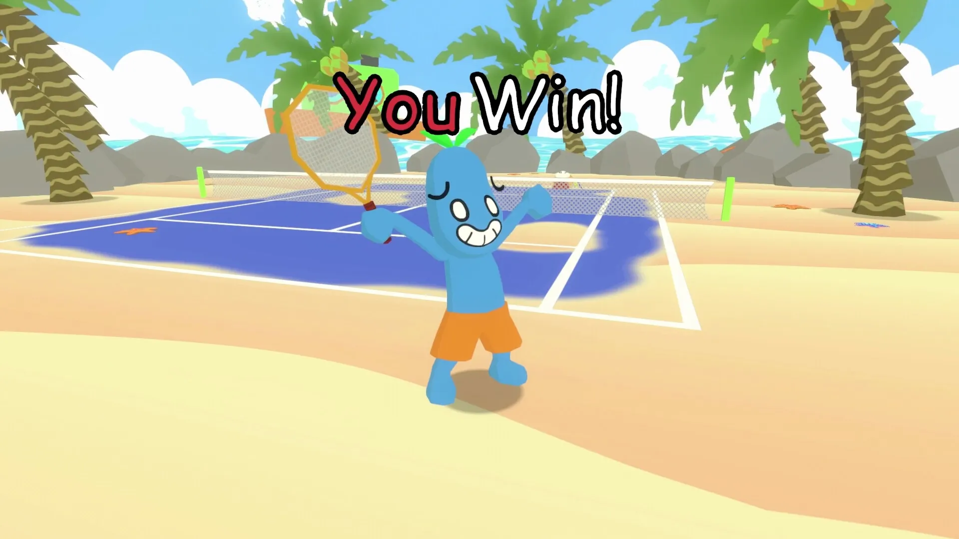 Quacolé Tennis: Blue character celebrates victory on a sunny beach tennis court with palm trees.