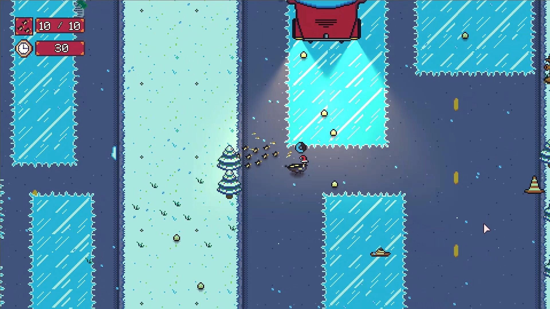 Quail Crossing: Guiding quail with hatchlings across icy road, avoiding traffic, score and timer visible