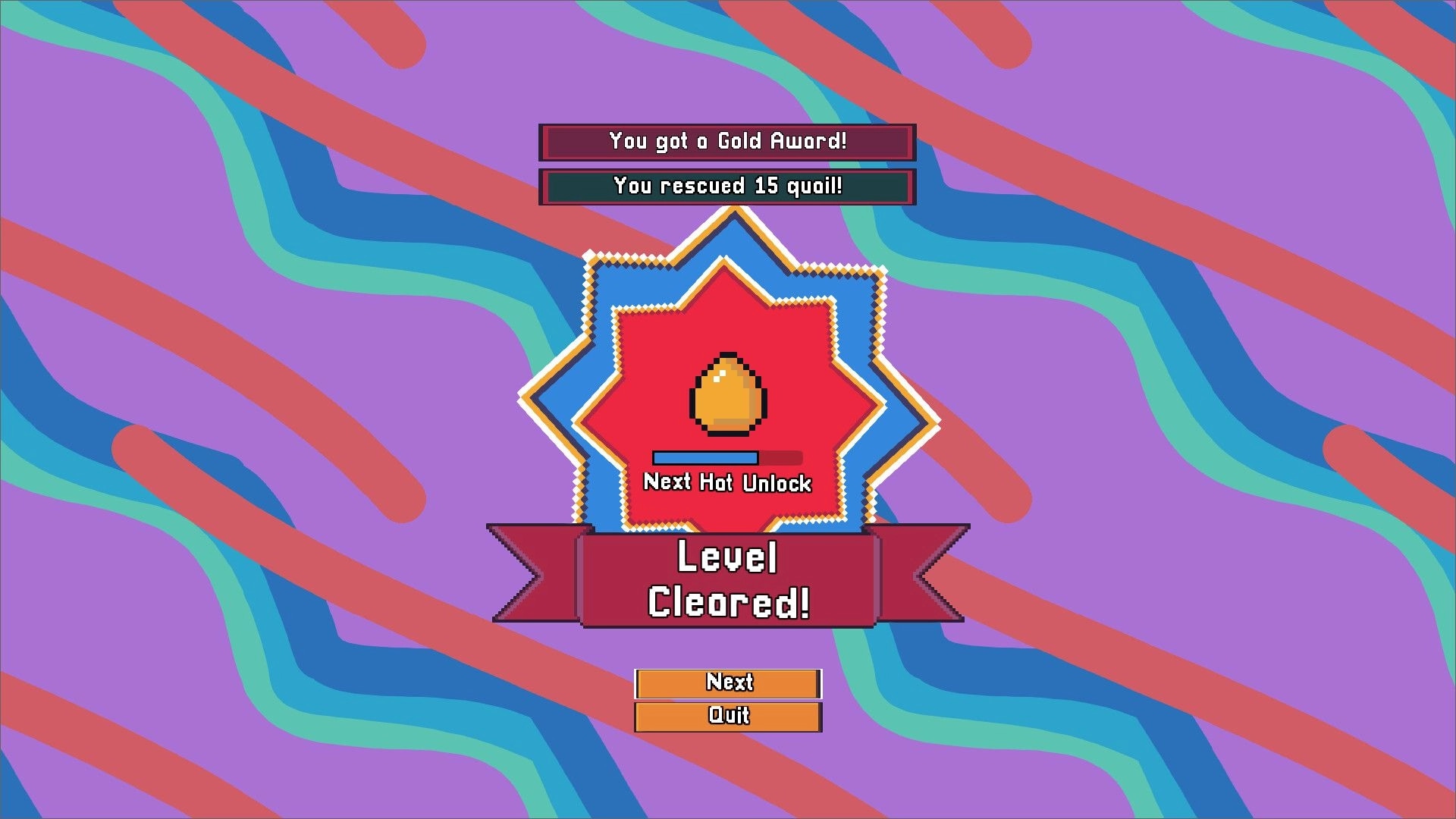 Quail Crossing: Level cleared screen with gold award notification and next hat unlock progress bar
