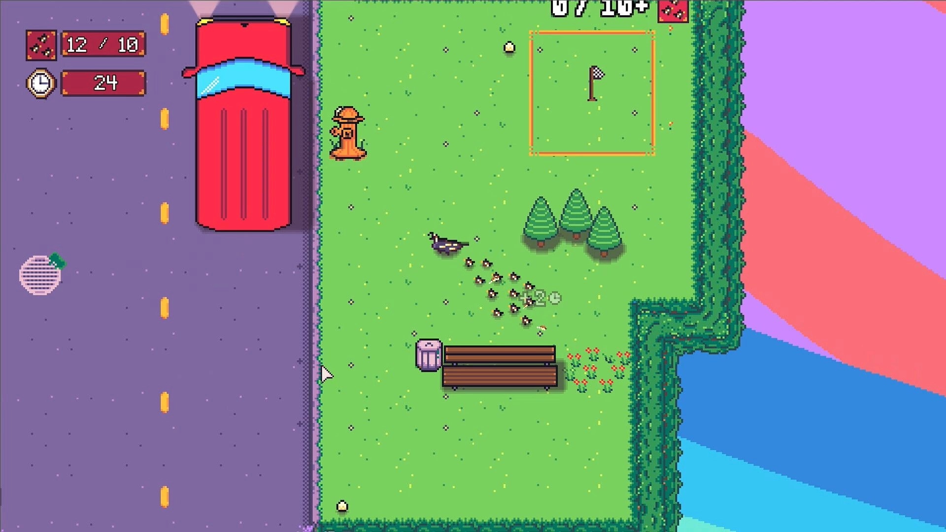 Quail Crossing: Quail leads hatchlings past bench and trees near road with red car and timer on screen