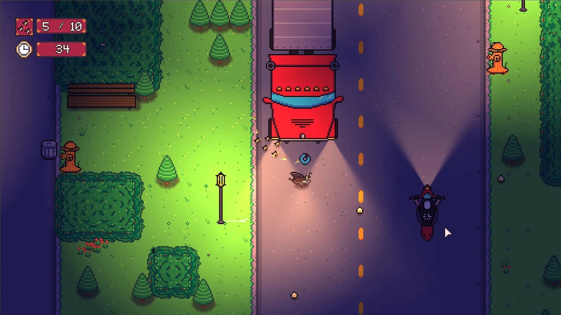 Quail Crossing: Quail dodges red truck and motorcycle on nighttime road with trees and park bench nearby