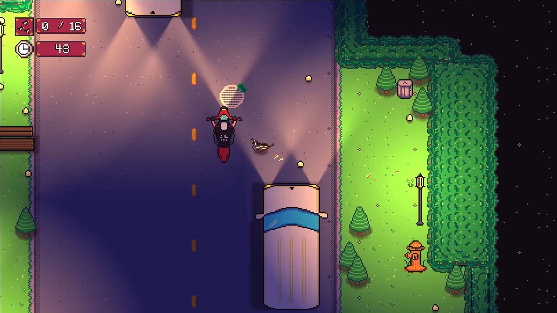 Quail Crossing: Quail dodges vehicles on a busy road at night with score and timer displayed