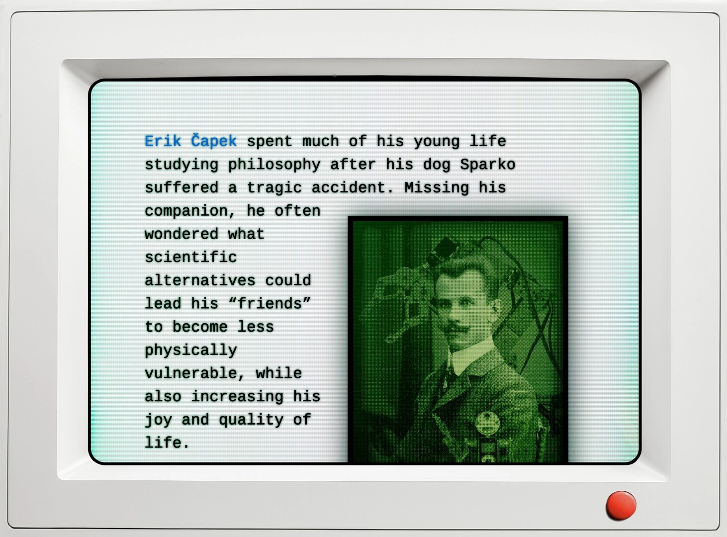 qualia: Erik Čapek's philosophical text and vintage photo displayed on retro computer interface