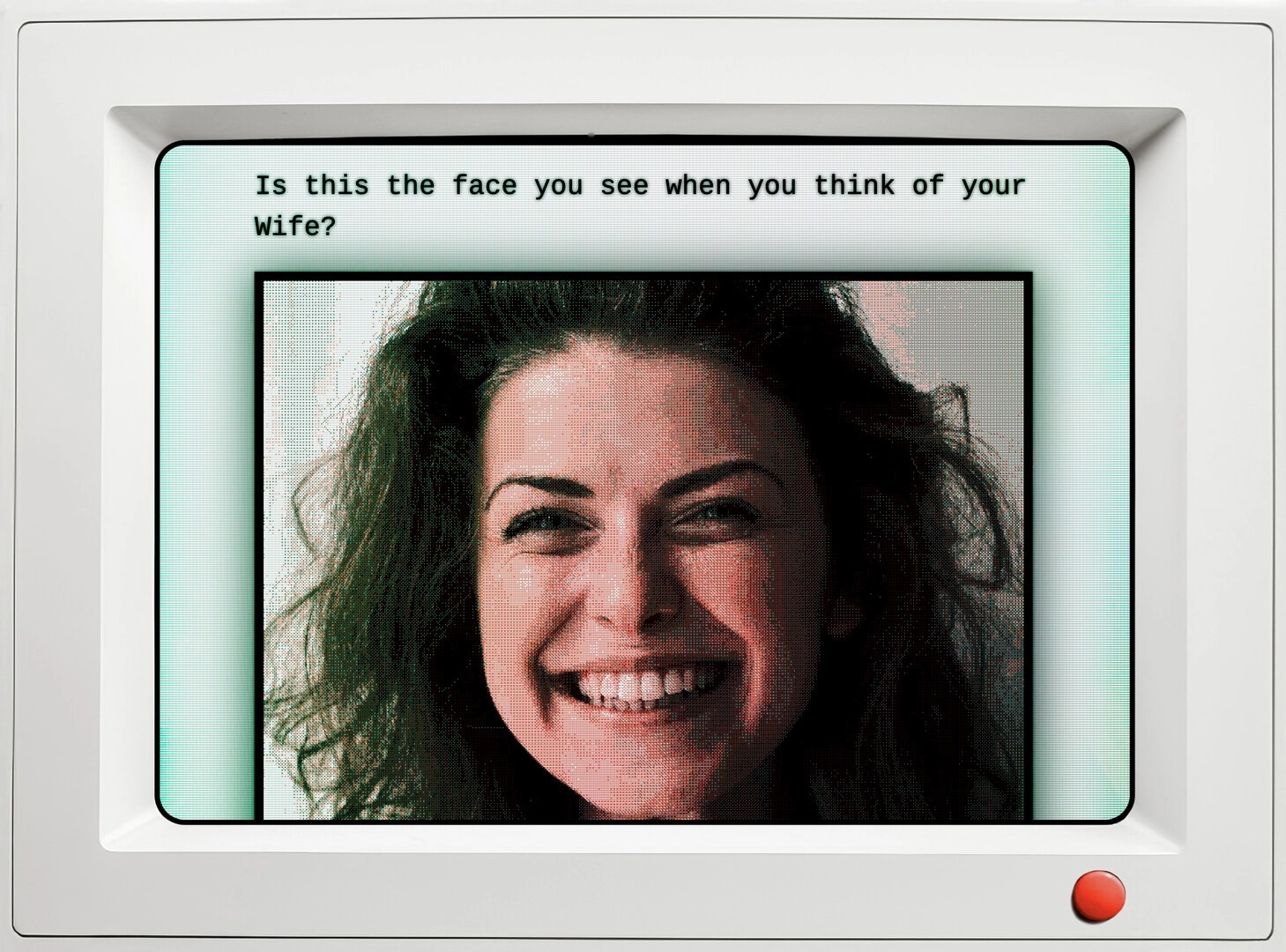 qualia: Vintage monitor displaying a smiling woman's face with text prompt about recognizing a wife