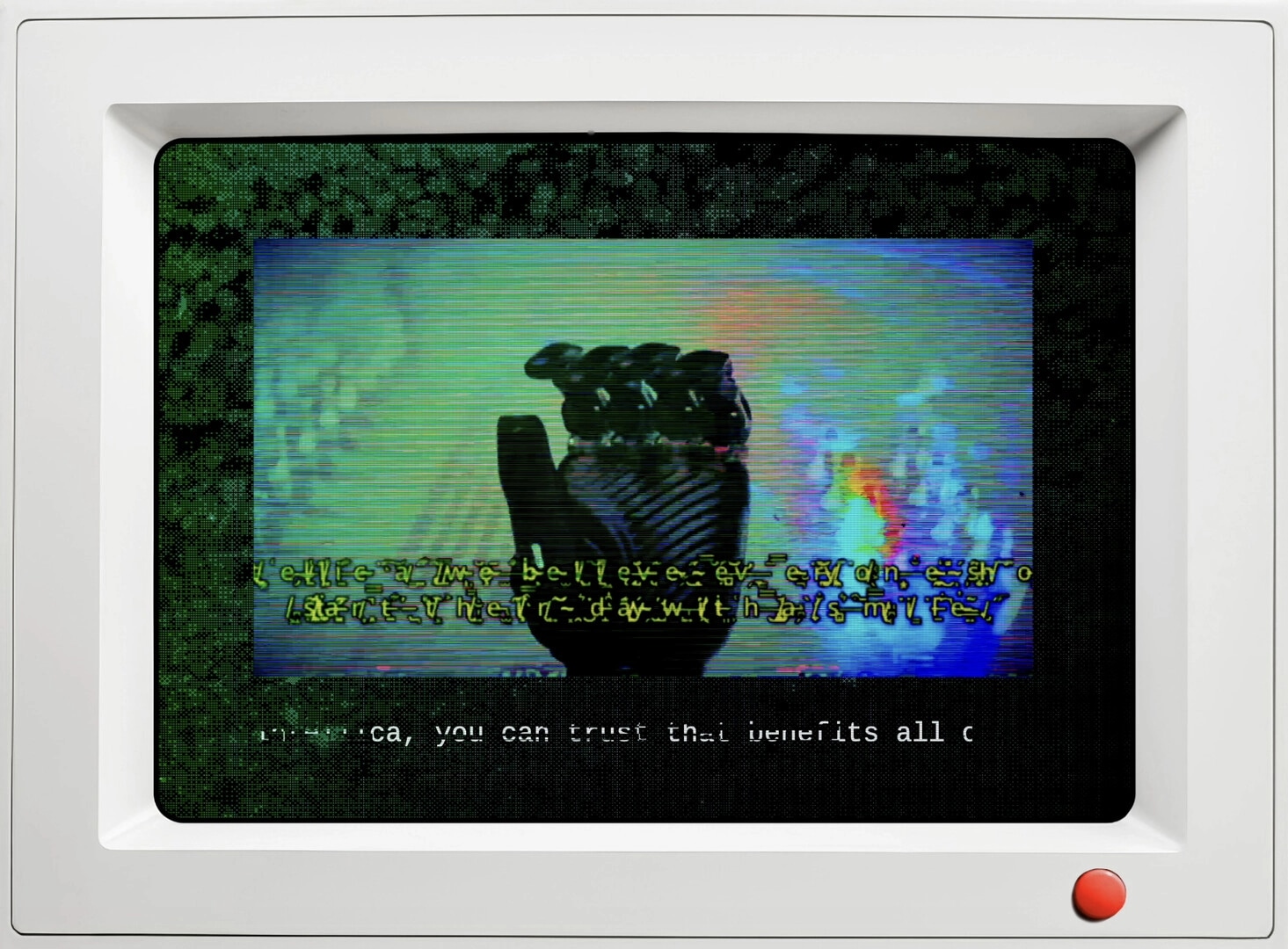 qualia: Gloved hand holding stones with distorted text on a retro computer screen in a colorful static haze