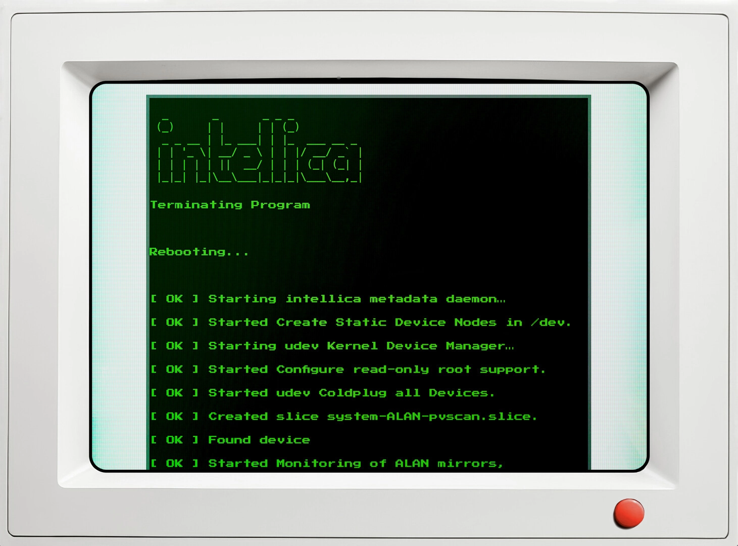 qualia: Terminal interface displaying boot sequence with green text on black monitor screen