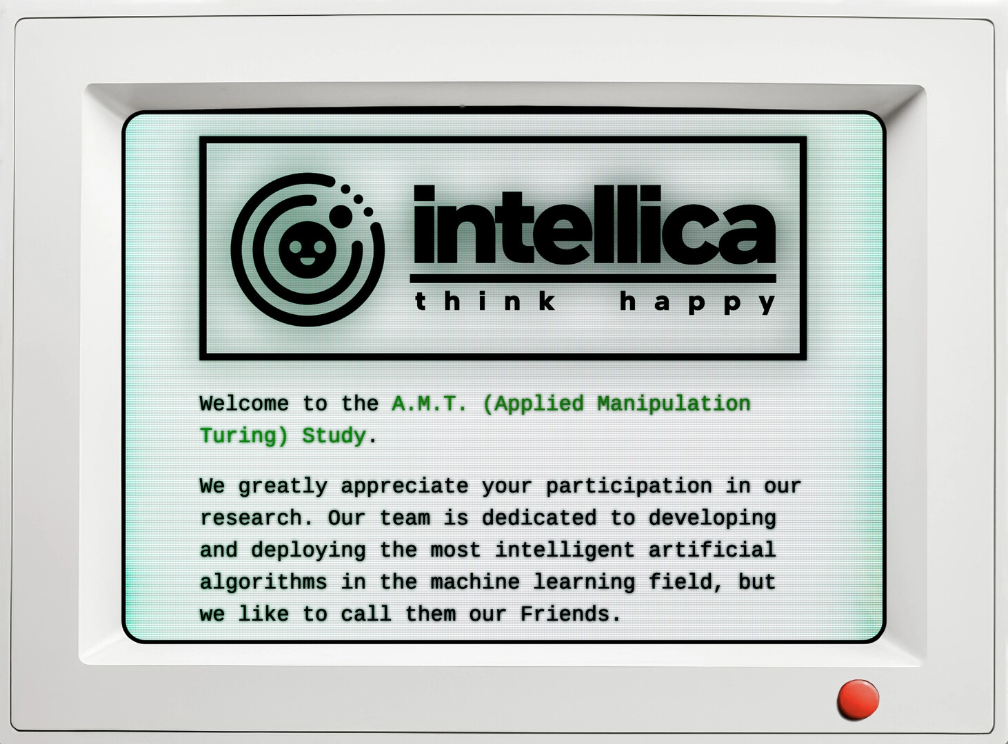 qualia: Text interface with Intellica logo and welcome message for A.M.T. (Applied Manipulation Turing) Study