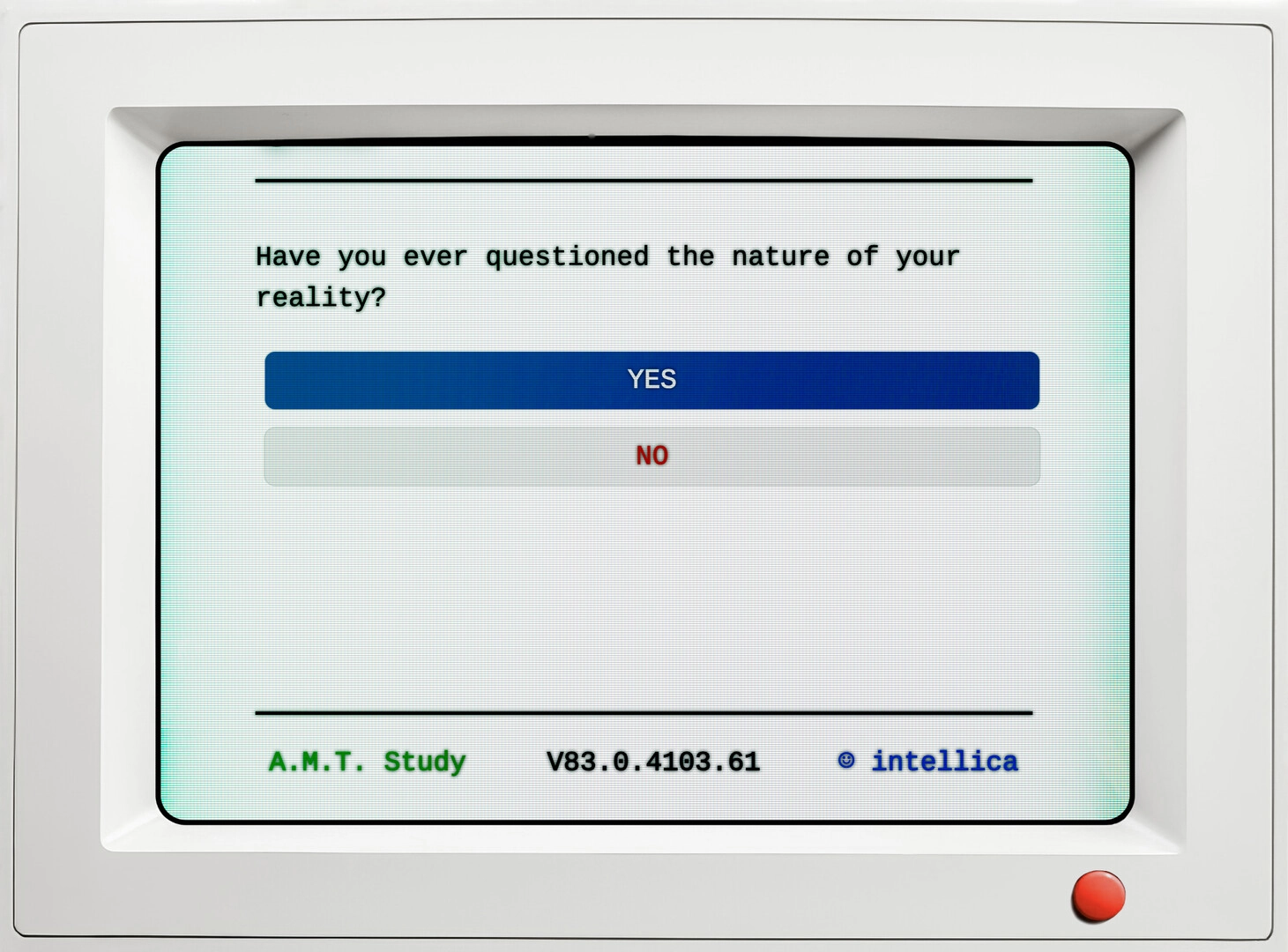 qualia: Question prompt with "YES" and "NO" buttons on a retro computer screen in a research study setting.