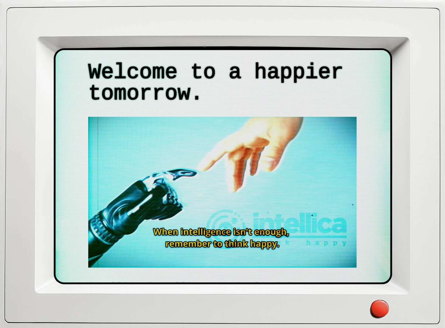 qualia: Retro computer screen showing human and robotic hand reaching toward each other, with text overlay.