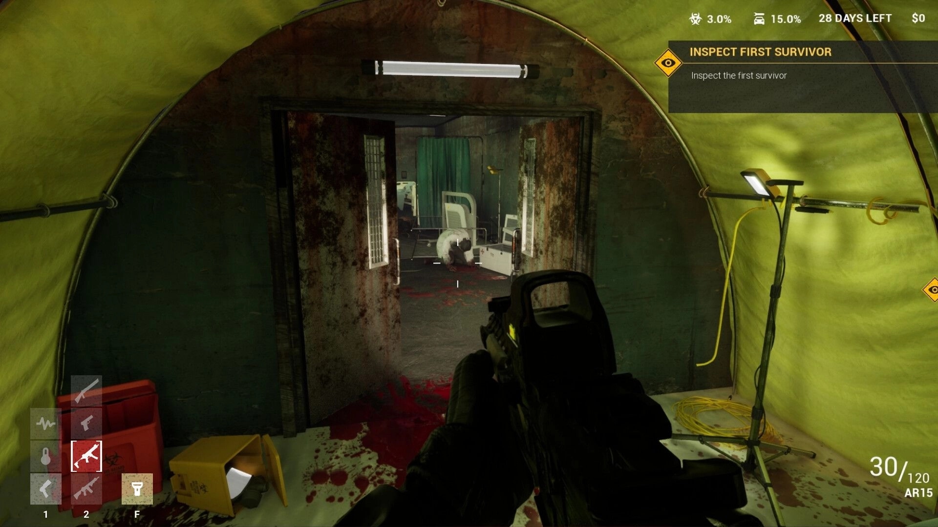 Quarantine Zombies: Player inspects survivor in bloodstained bathroom with AR15 in post-apocalyptic Chicago.