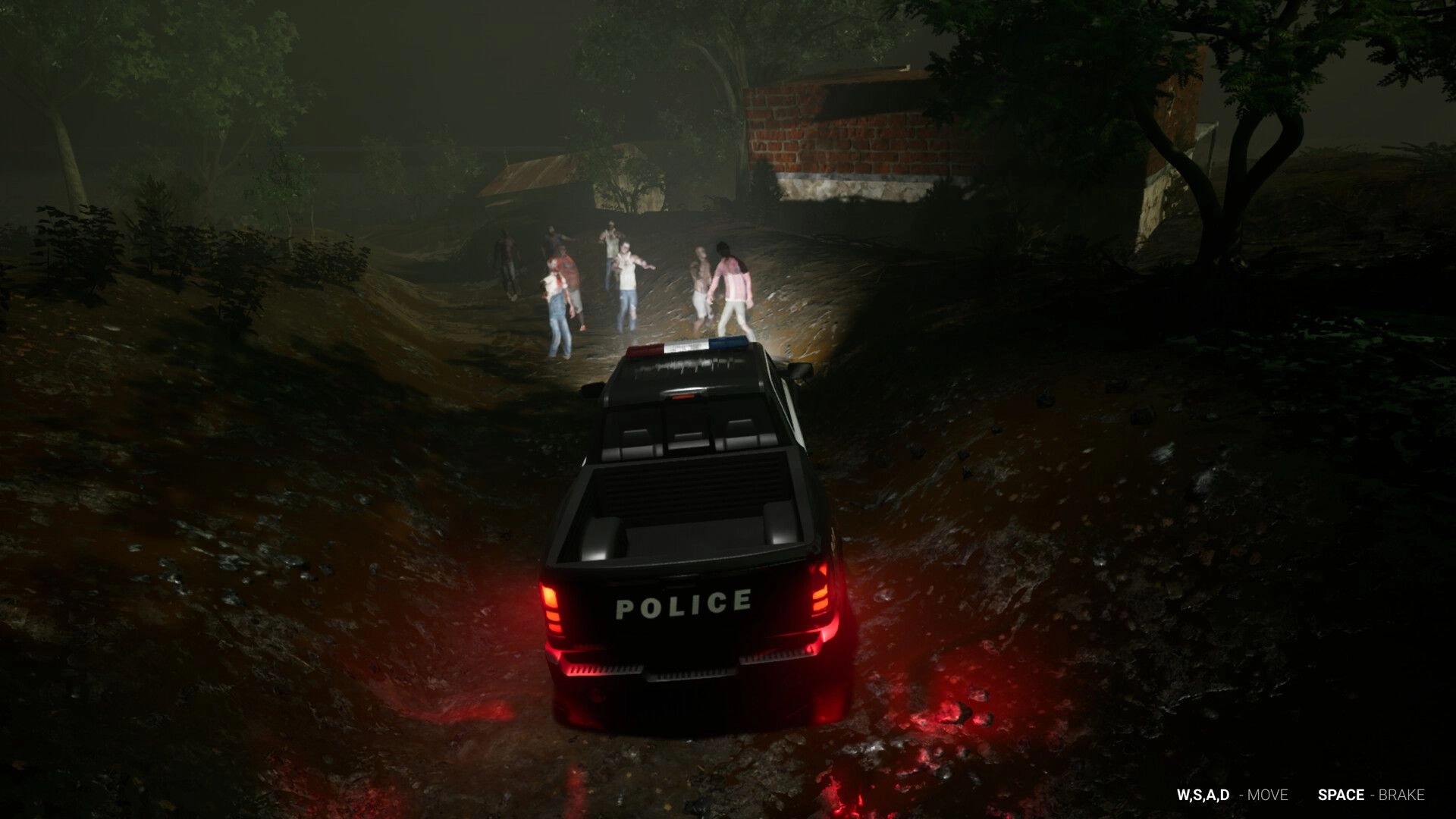 Quarantine Zombies: Police vehicle with headlights illuminating approaching zombies in dark forest path