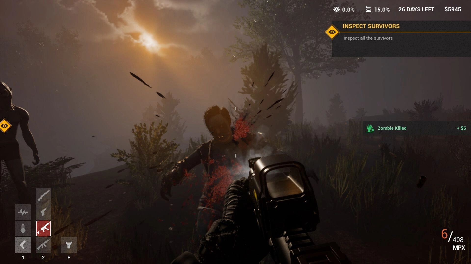 Quarantine Zombies: First-person shooting a zombie in foggy forest with mission and ammo UI displayed