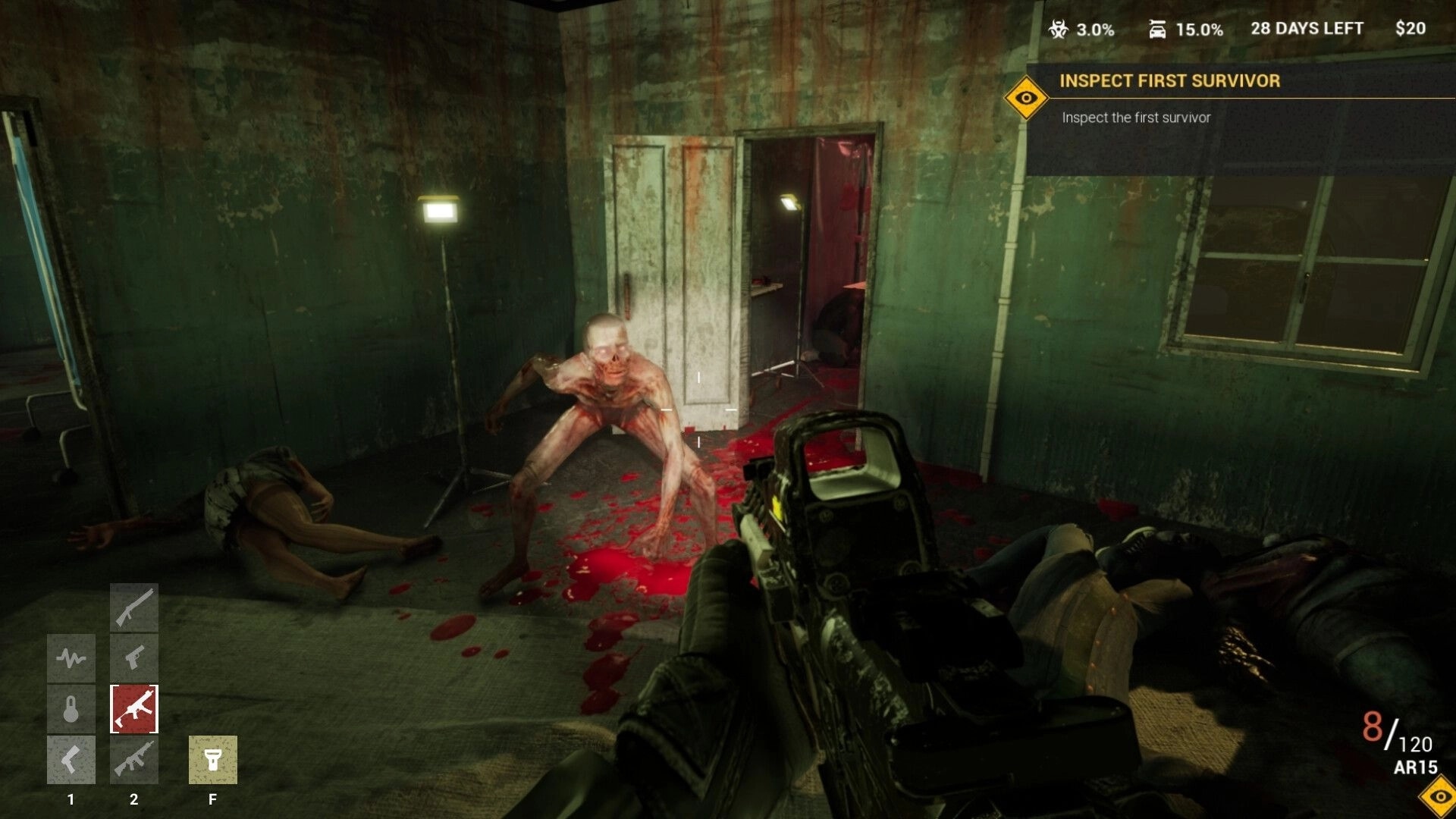 Quarantine Zombies: Player aims AR15 at advancing zombie in dimly lit room with scattered bodies