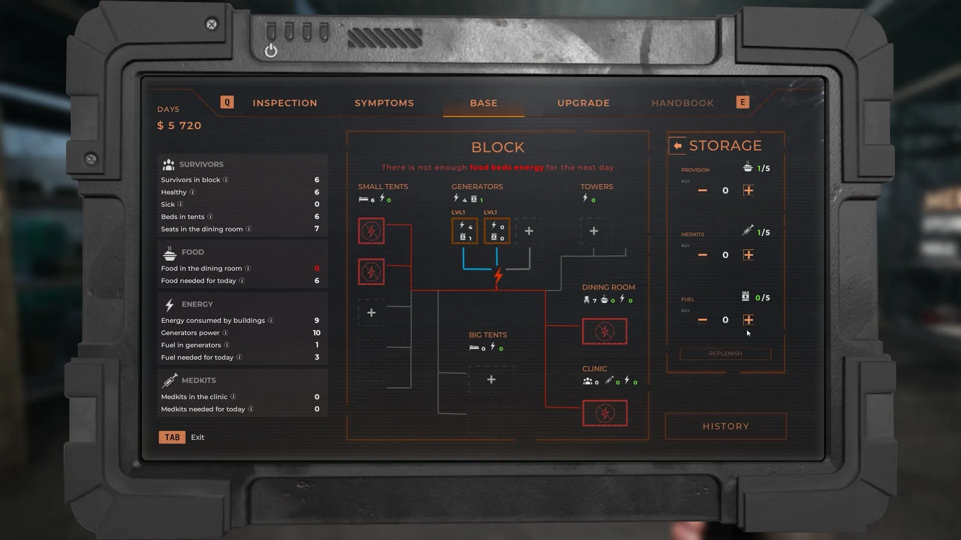 Quarantine Zone: Base management interface showing resource allocation and survivor status display