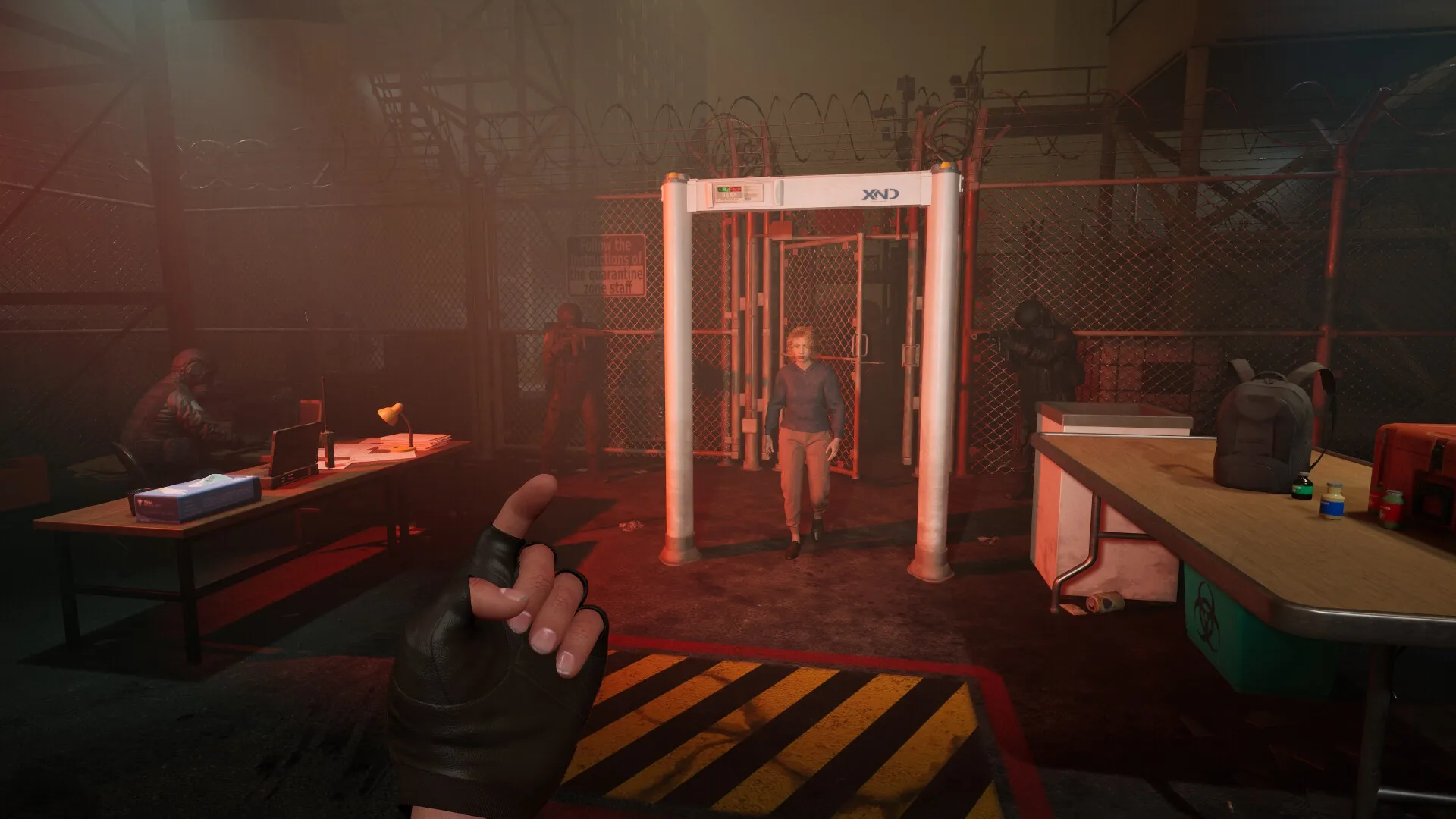Quarantine Zone: Survivor inspection at metal detector gate, guard ready, dimly lit quarantine facility.