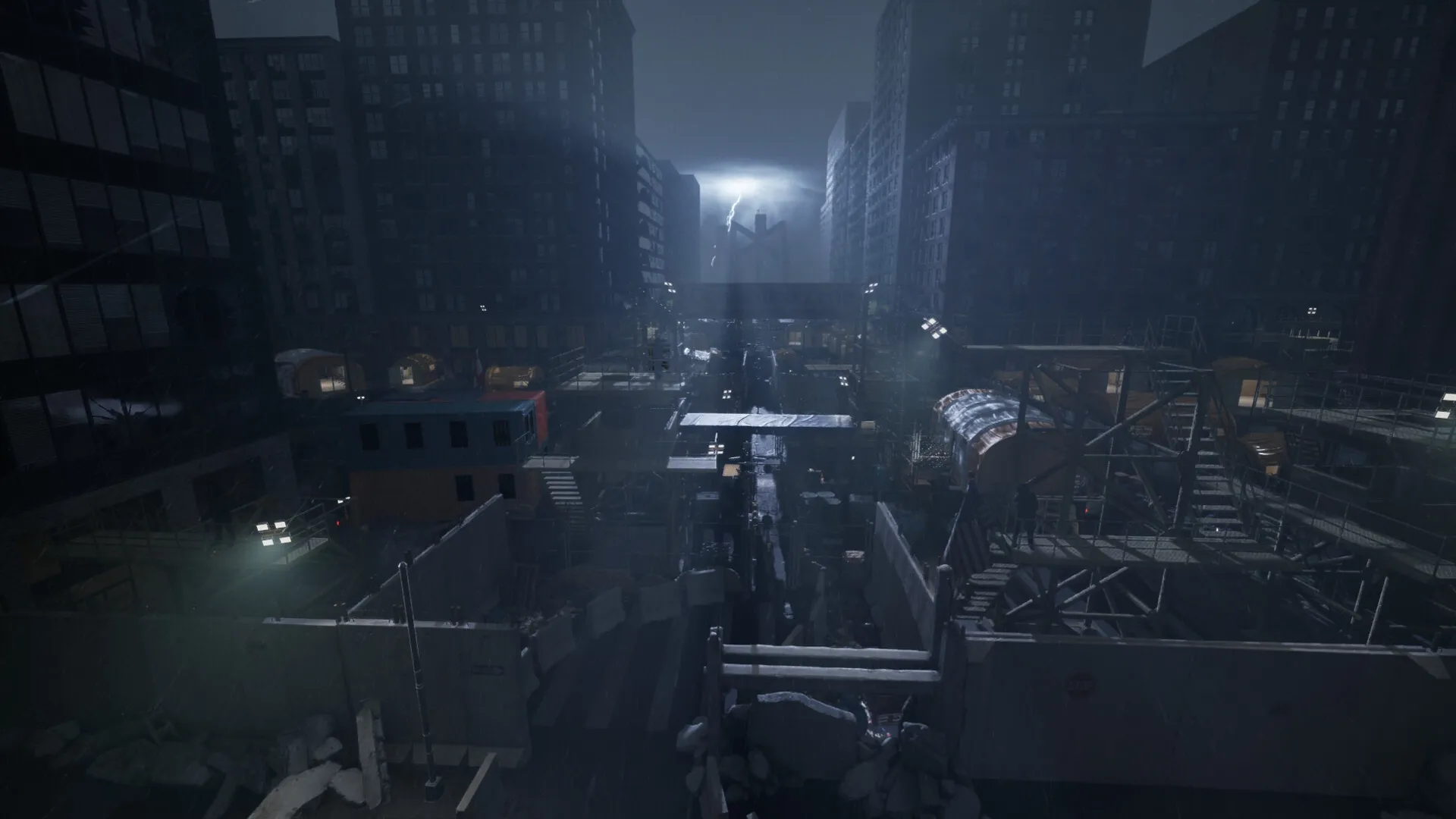 Quarantine Zone: Command center overview with barricades and scaffolding in a dimly lit urban environment