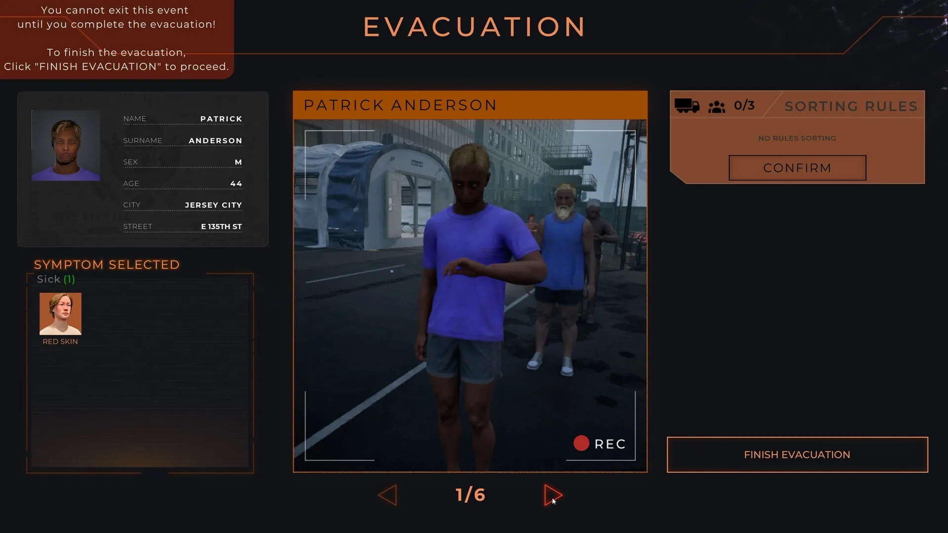 Quarantine Zone: Patrick Anderson in evacuation lineup with symptoms menu in urban quarantine area