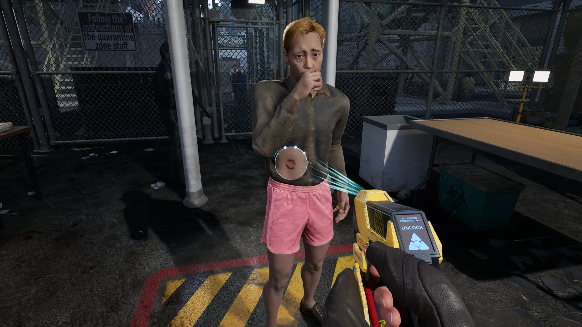 Quarantine Zone: Survivor inspection with scanner in quarantine facility, examining abdominal wound.