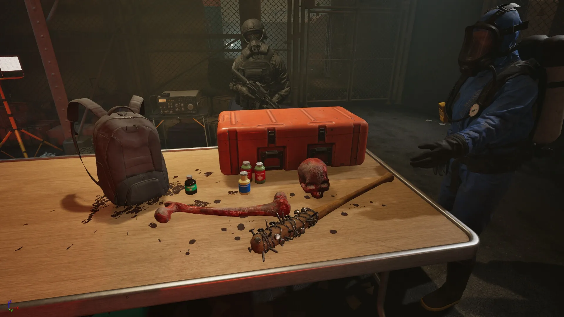 Quarantine Zone: Table with survival gear, weapons, and supplies; two characters in protective suits nearby.