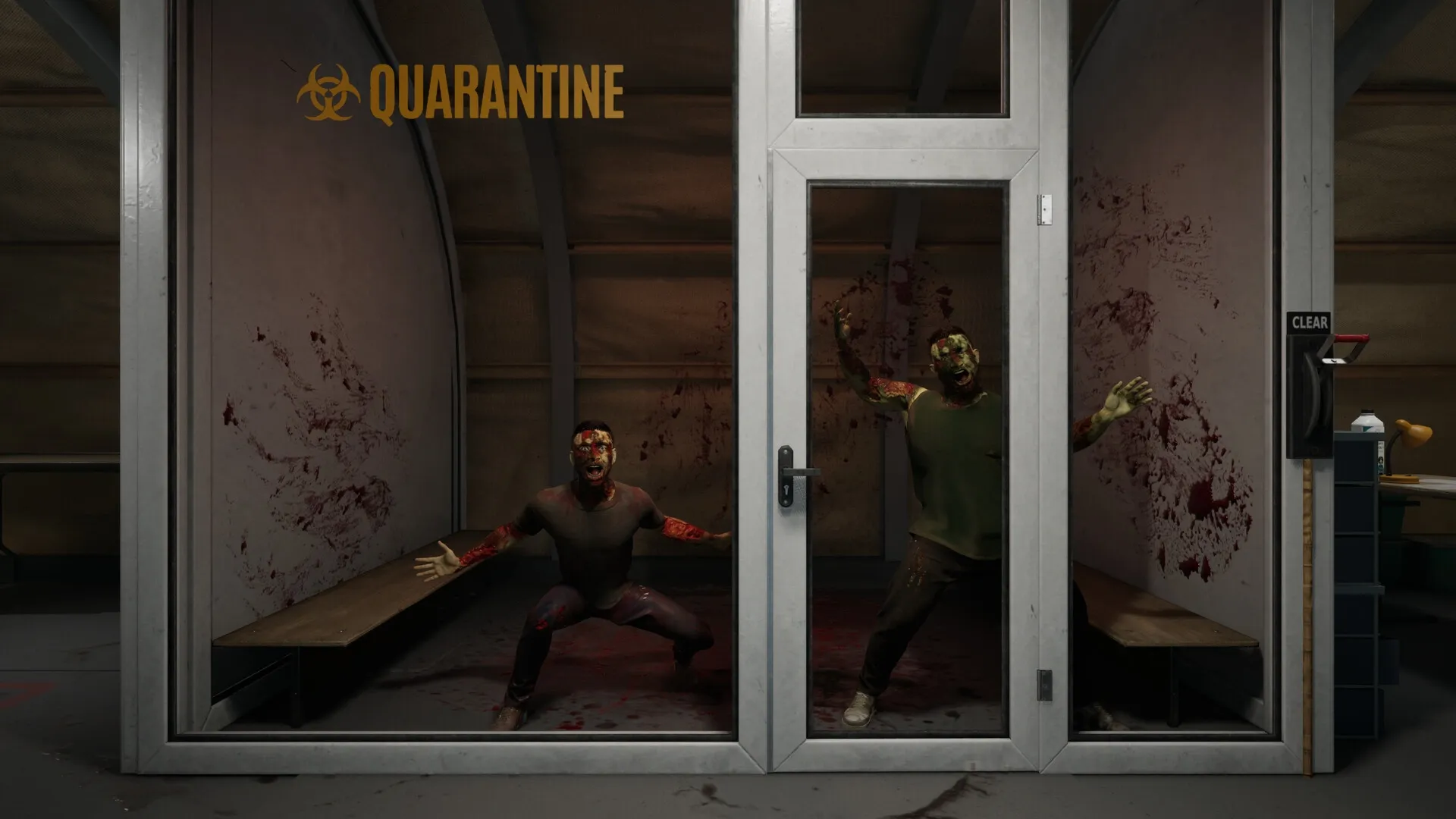 Quarantine Zone: Two infected individuals inside quarantine chamber with bloodstained walls and benches.