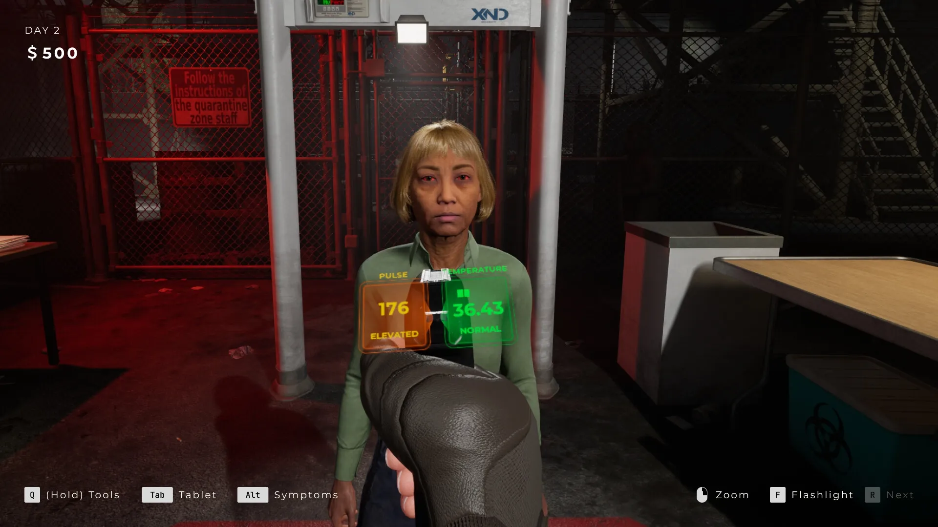 Quarantine Zone: Survivor inspection with elevated pulse in quarantine checkpoint environment