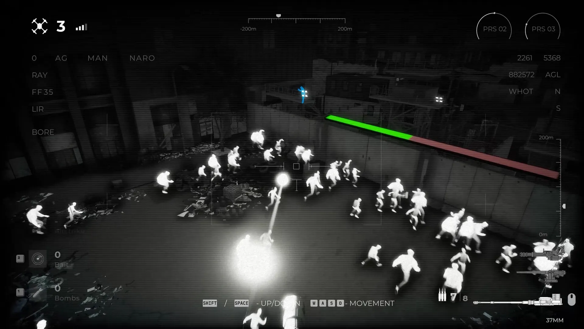 Quarantine Zone: Thermal view of a horde approaching the barricade with player aiming turret defense