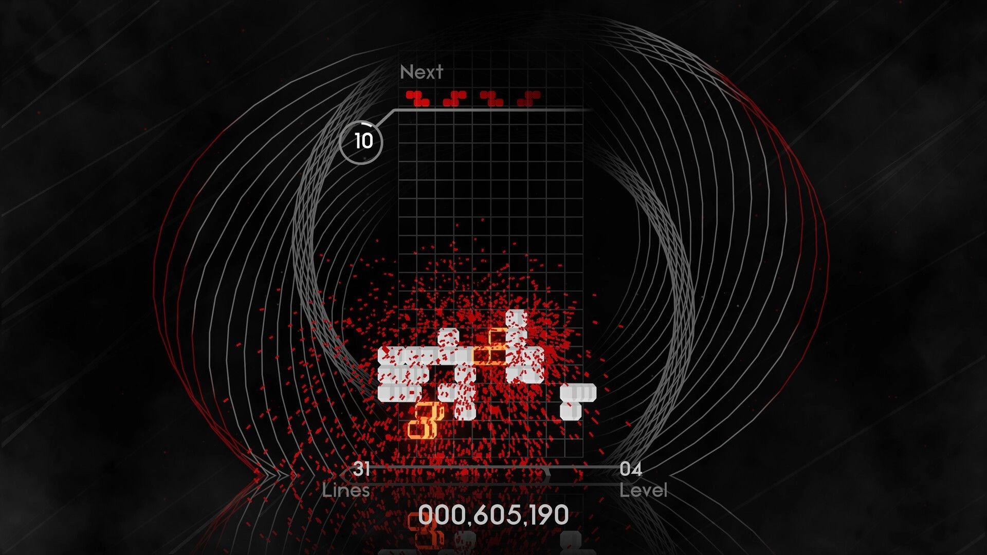 Quatros Noir: Tetris-like blocks fall on a grid with score, lines, and level indicators on a dark backdrop.