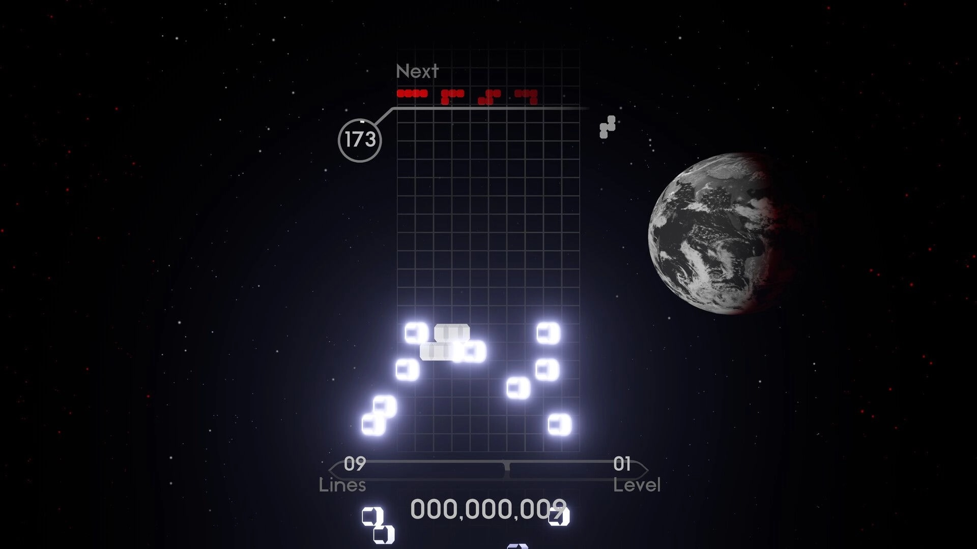 Quatros Noir: Glowing blocks stacked against a starry background with Earth visible on the right