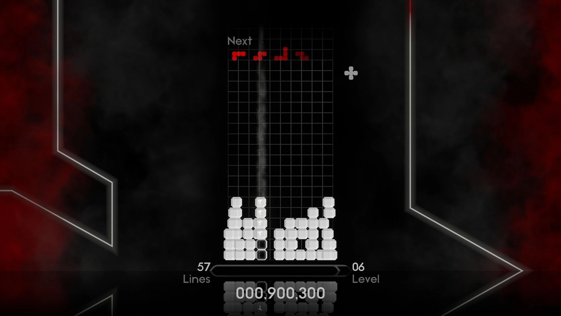 Quatros Noir: Blocks stacked in grid with next pieces previewed, displaying score, lines, and level indicators