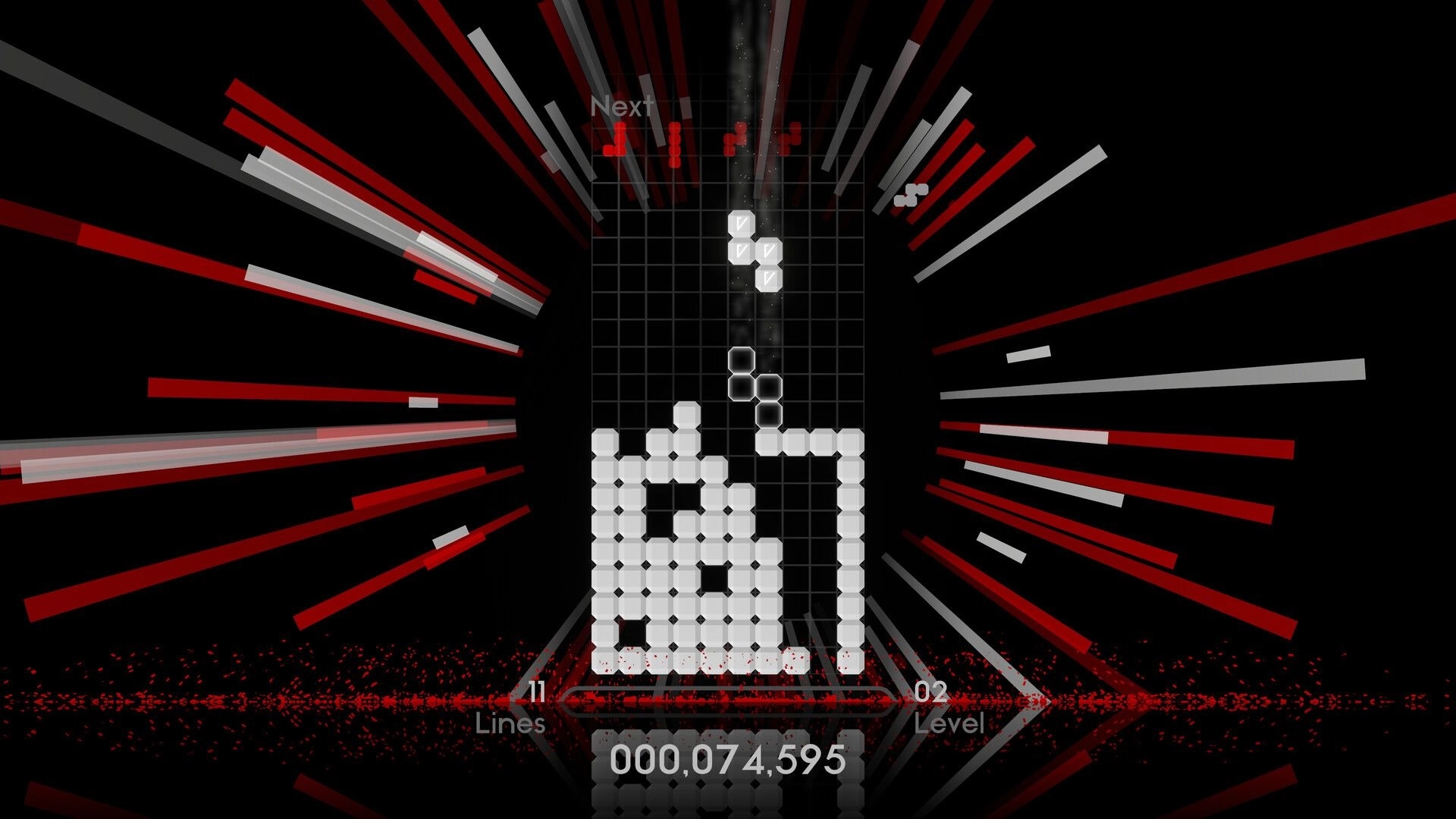 Quatros Noir: Falling blocks near completion of a line in a dynamic, dark-themed grid environment