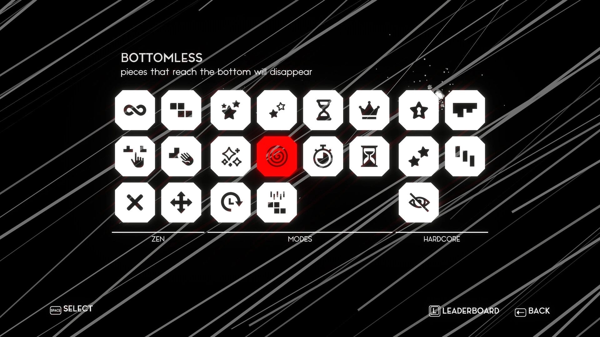 Quatros Noir: Mode selection screen with various icons and "Bottomless" mode highlighted in red