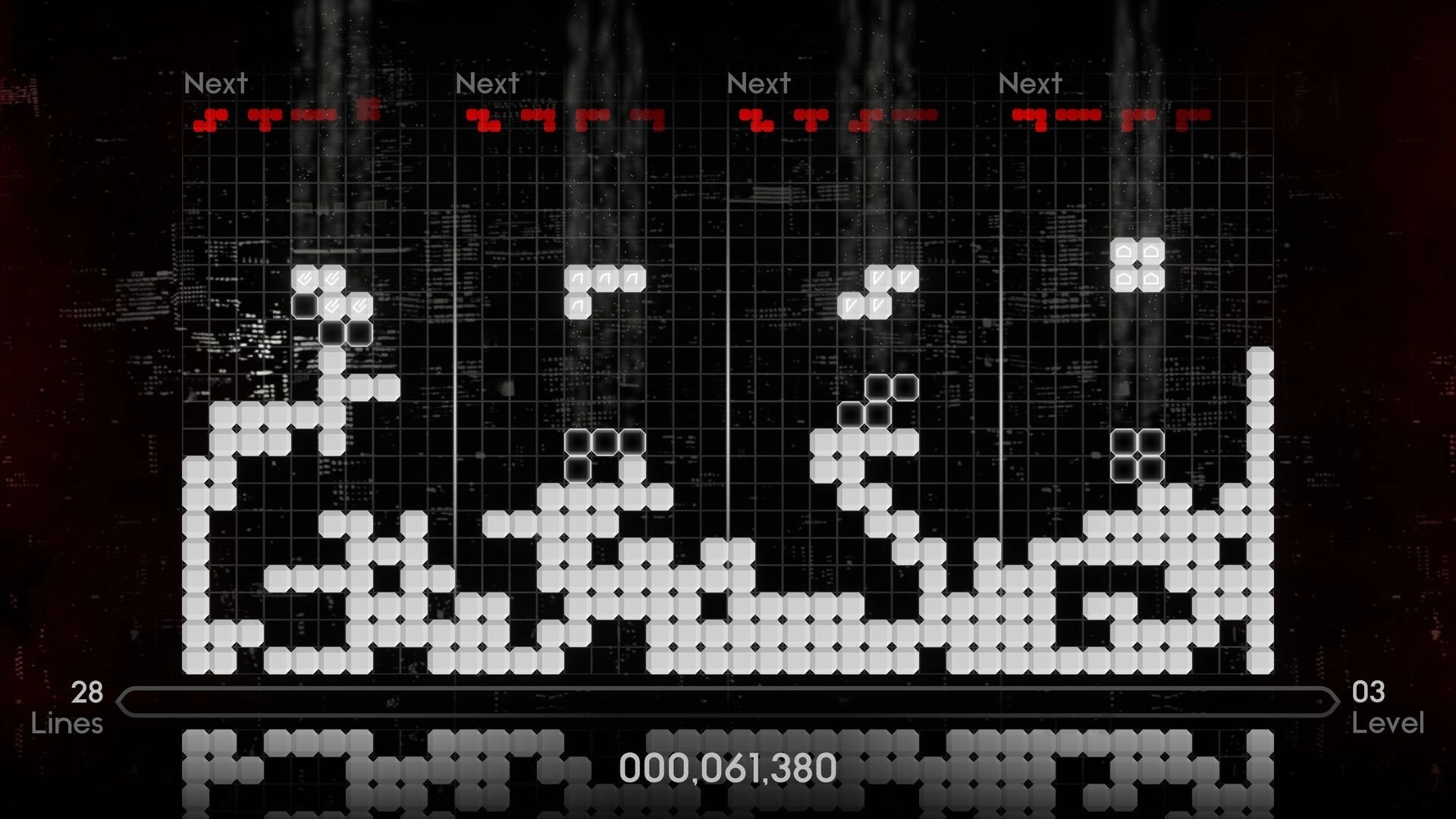 Quatros Noir: Blocks falling into grid with next pieces preview above and score displayed below