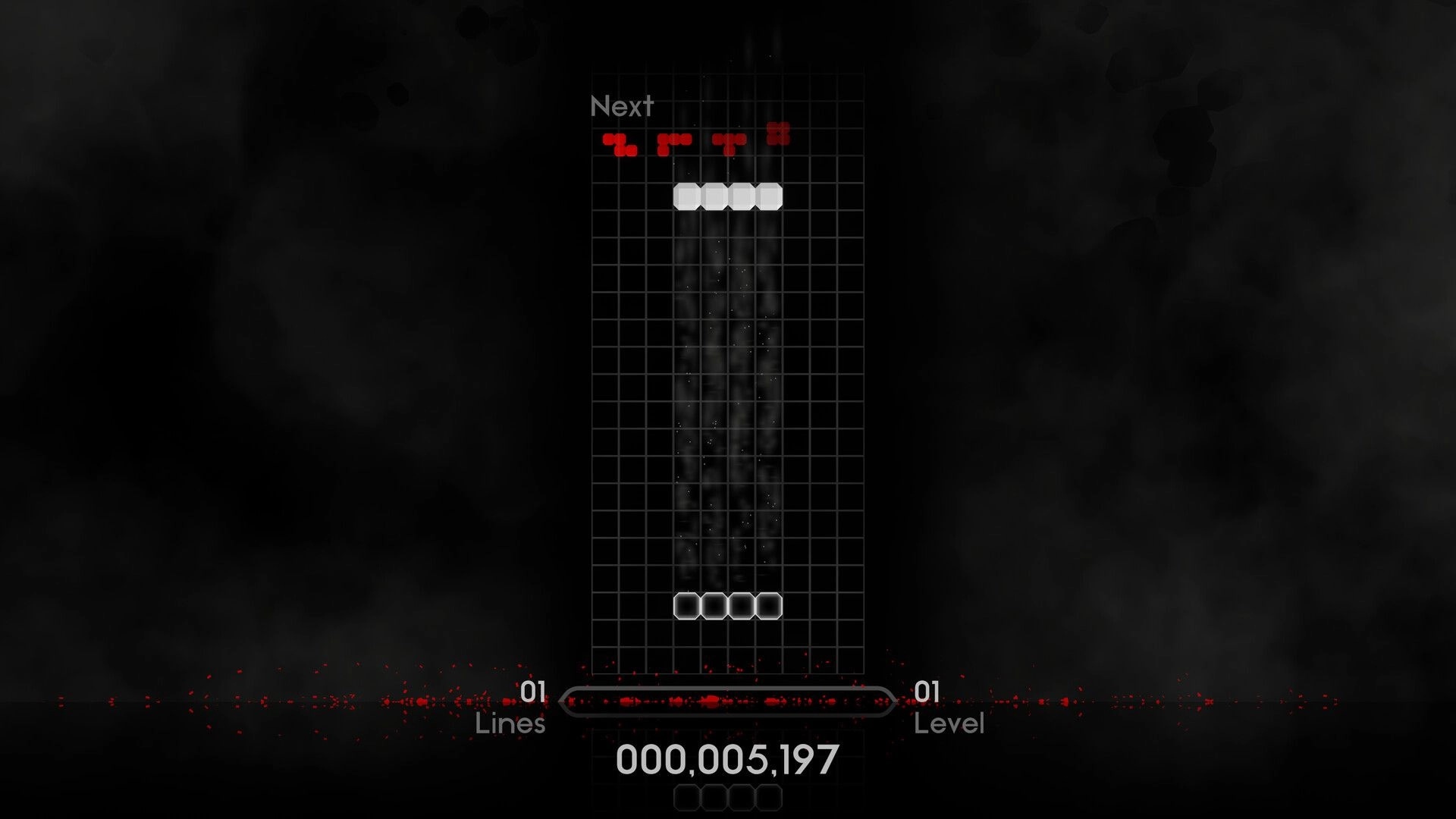 Quatros Noir: White blocks stacked in center grid, red blocks queued above, dark abstract background