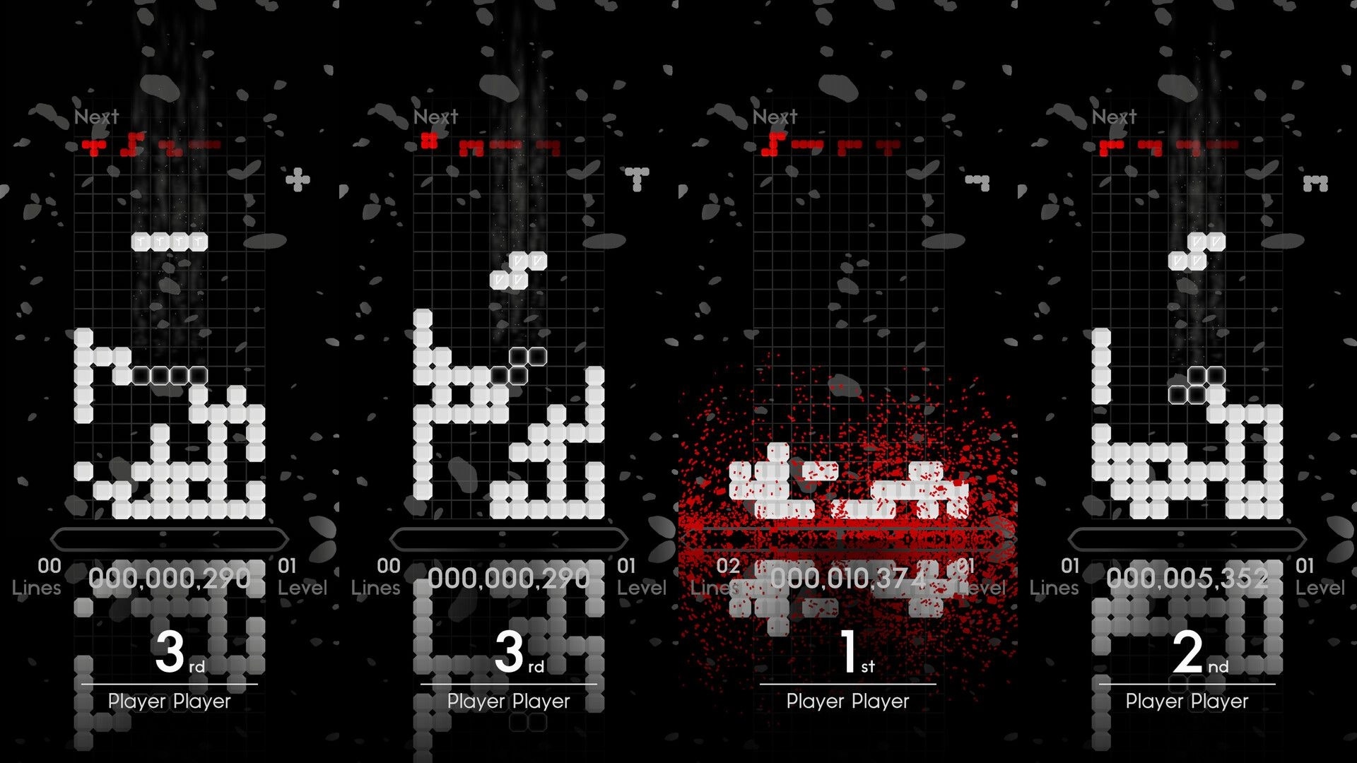 Quatros Noir: Four-player competitive block stacking with scores and falling pieces in dark grid environment