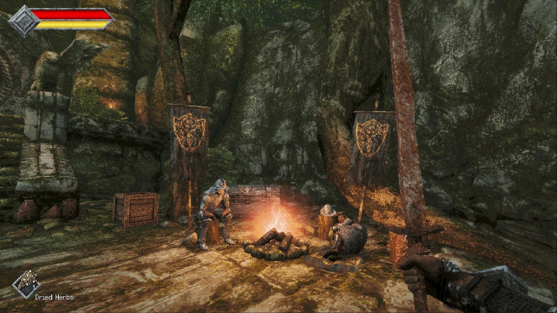 Queen's Domain: Knights rest by a campfire in a forest clearing, sword drawn, health bar visible.