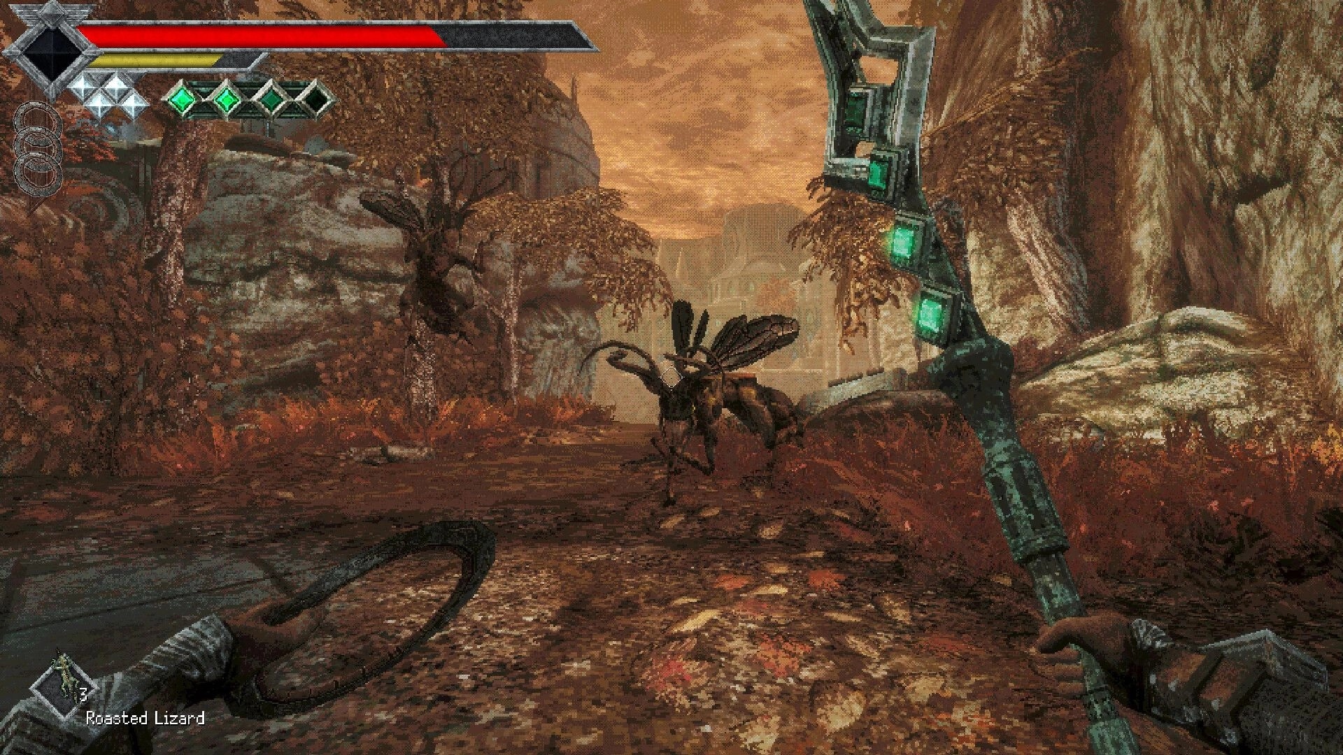 Queen's Domain: Player wields staff and shield in combat with giant insect in rocky autumn landscape