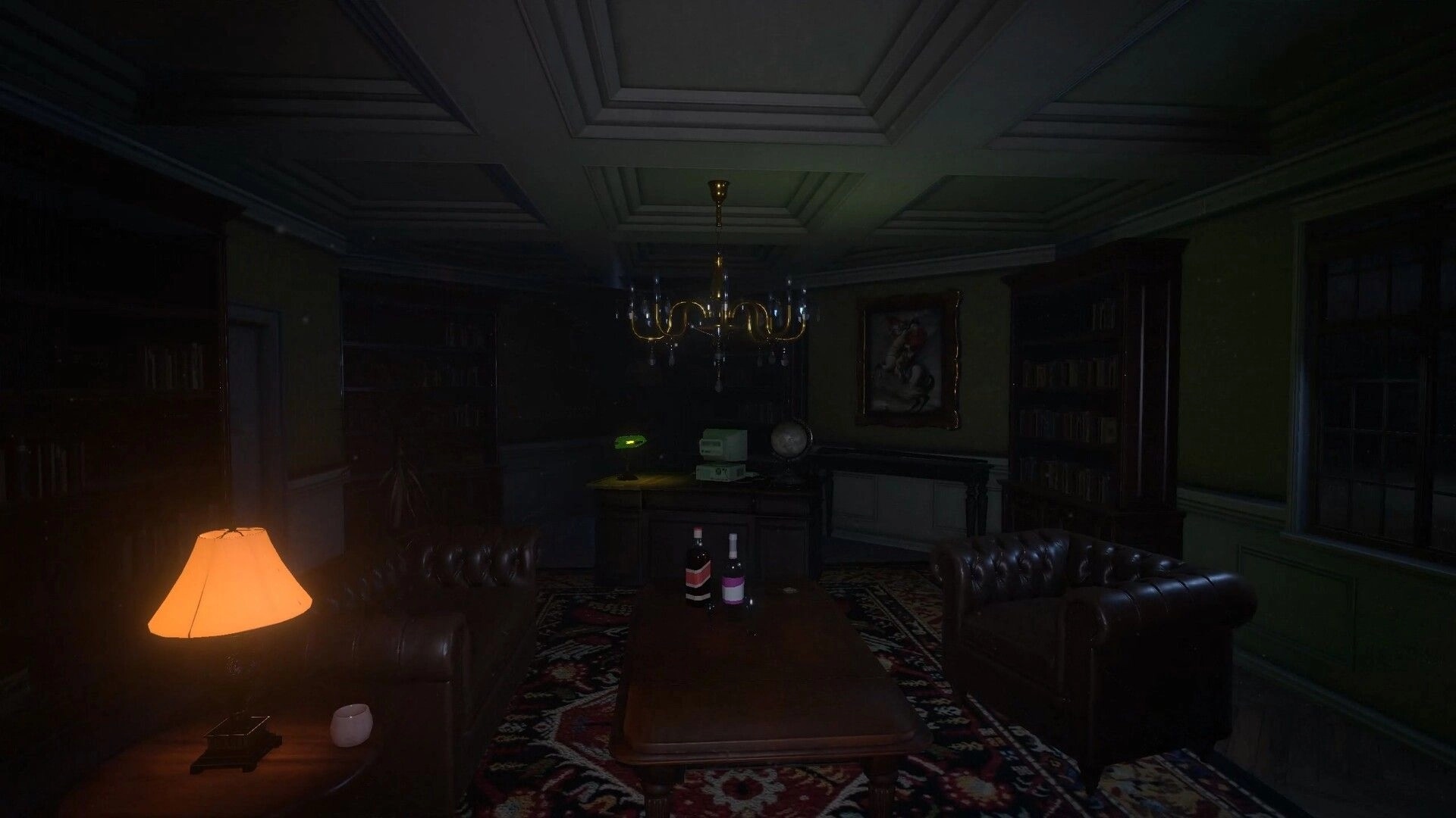 QUIET: Exploring a dim lounge with leather sofas, wine bottles on table, chandelier overhead.