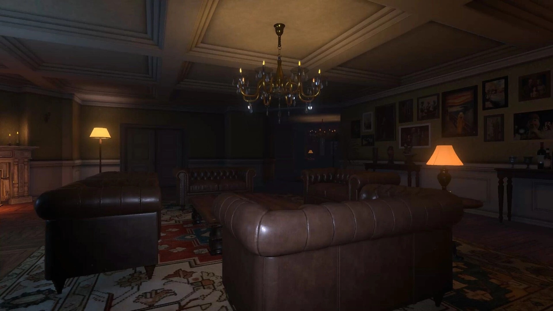 QUIET: Empty mansion lounge with leather sofas, chandelier, and lamps casting warm light in darkness.