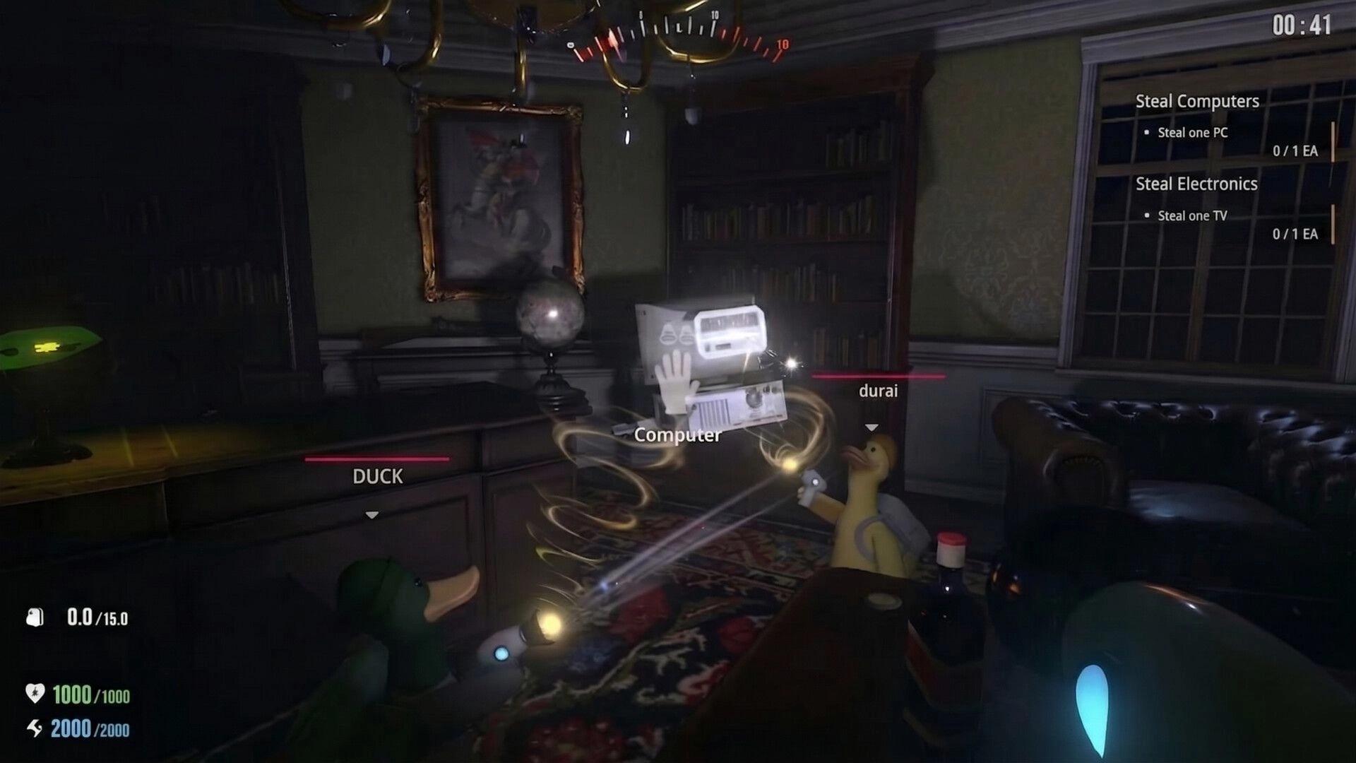 QUIET: Duck players aim flashlights at a glowing computer in a dark study, theft objectives on UI.