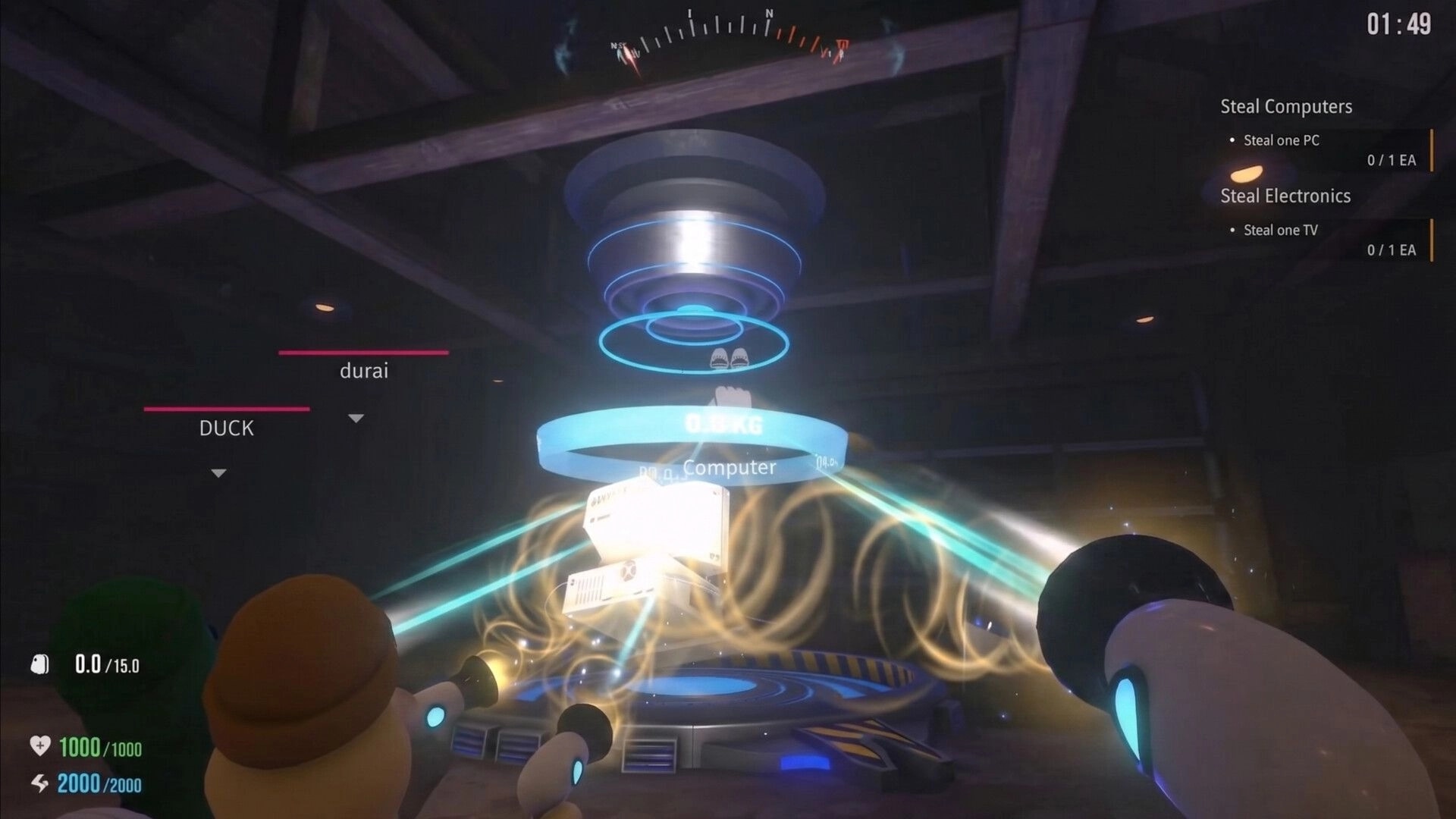 QUIET: Co-op players beam up a computer with a scanner, stealing tasks listed in a dark attic.