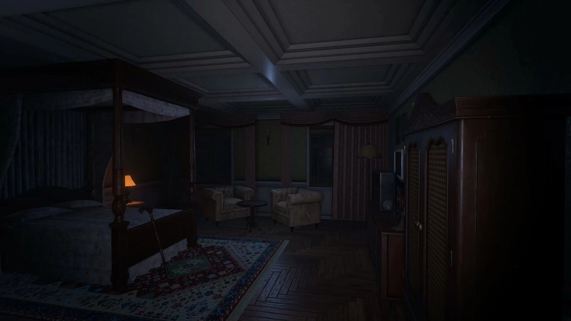 QUIET: Dim bedroom with four-poster bed, chairs and lamp, dark hallway view, no HUD visible.