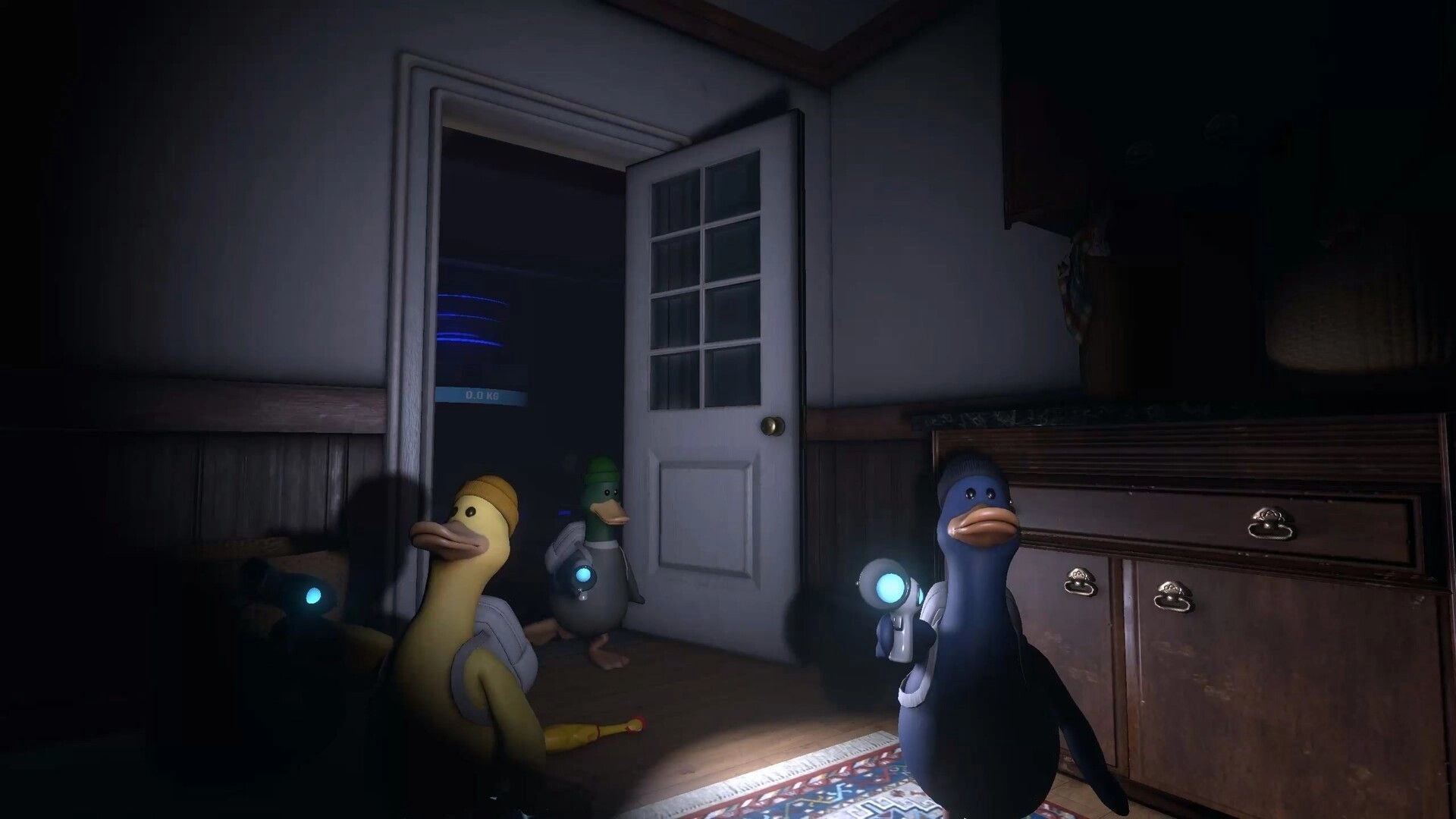 QUIET: Duck-like crew with flashlights in a dim hallway by an open door and wooden dresser.