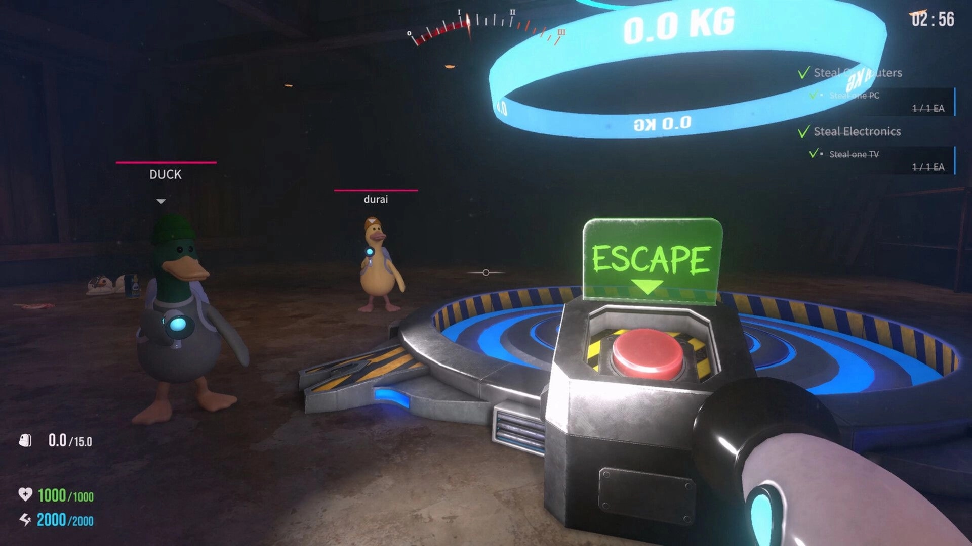 QUIET: Two duck players near an escape button platform in a dark room with stealth objectives UI.